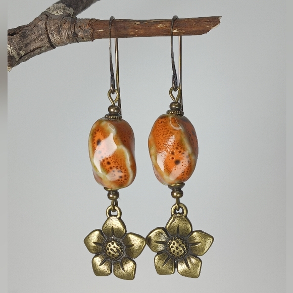 HAND CRAFTED Rustic Orange Ceramic Brass Flower Dangle Earrings - Picture 4 of 6